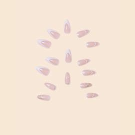 White French Tip Press on Nails Medium Almond Valentines Day Fake Nails with Glue Love Heart Rhinestone Charms Design False Nails Glitter Glue on Nails Artificial Stick on Nails for Women Girls 24Pcs