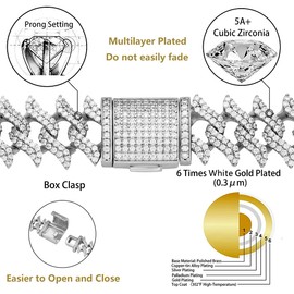 PY BLING 15mm Hip Hop Full Iced Out Diamond Spike Miami Cuban Link Chain Choker White Golden Plated CZ Necklace/Bracelet for Men and Women (WG,8.5)