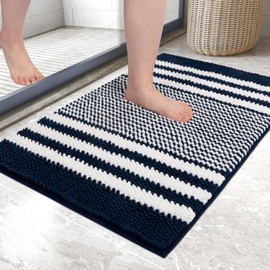 Biscpro Bath Mat Rug Extra Soft and Absorbent Fluffy Striped Chenille,Non Slip Shaggy Bathroom Floor Mat,Machine Washable (Navy Blue, 40 x 60 cm)
