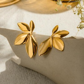 SAINT RAPHAËL 18k Gold Plated Leaf Drop Statement Earrings for Women, Hypoallergenic Stainless Steel Earrings (Gold)