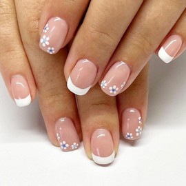 French Tip Press on Nails Short Square Fake Nails with Flower Designs Nude Full Cover Glue on Nails Press ons Spring Glossy False Nails Acrylic White French Tip Stick on Nails for Women Girls 24 Pcs