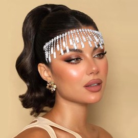 NAISKA Silver Crystal Rhinestone Forehead Headband Jewelry 1920s Crystal Flapper Headpiece Cap Geart Gatsby 20s Tassel Headdress Prom Costume Hair Accessories for Women and Girls