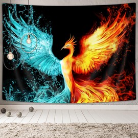 Fantasy Phoenix Large Tapestry, Water Ice and Fire Rising Phoenix Animal Anime Tapestry Wall Hanging for Bedroom, Aesthetic Tapestry for Men Beach Blanket College Dorm Home Decor (90W X 70H)