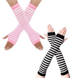 AWOCAN 2PCS Women Arm Warmers Long Fingerless Gloves Winter Knitted Mitten Thumb Hole Gloves for Women (BLACK+PINK)