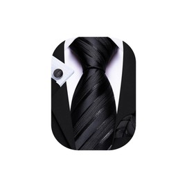Barry.Wang Men Tie Set Stripe Black Silk Necktie Pocket Square Cufflinks Formal Business Wedding Party Prom