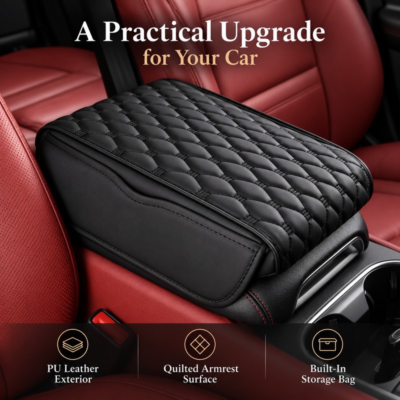 PU Leather Car Armrest Pad for Center Console – Quilted
