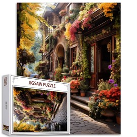 Autumn Garden Jigsaw Puzzles 1000 Pieces for Adults,European Architecture Town Rome Scenery Puzzles for Adults Unique Shape Pieces Funny Puzzles Italian Cafe Scenery Style