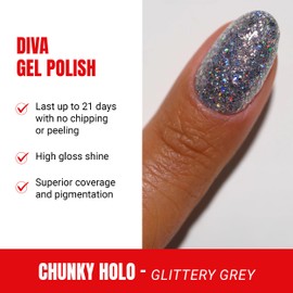 DND Gel Diva Polish Set, Mirrorball Collection, UV/LED Gel Polish and Air Dry Nail Lacquer, Matching Chip-Free Polish Duo, Grey025 Chunky Holo, 0.5 Fl Oz Each
