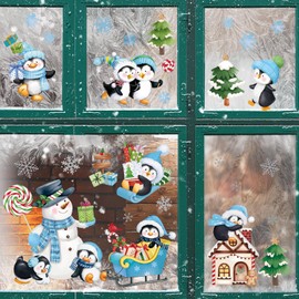 wondever Penguins Christmas Wall Stickers Snowman Pine Tree Snowflakes Christmas Window Wall Art Decals for Christmas Party Window Xmas Home Party