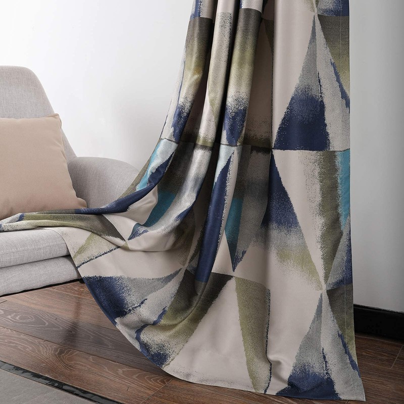 Leeva Geometric Print Blackout Curtains for Bedroom, Modern Blue Linen