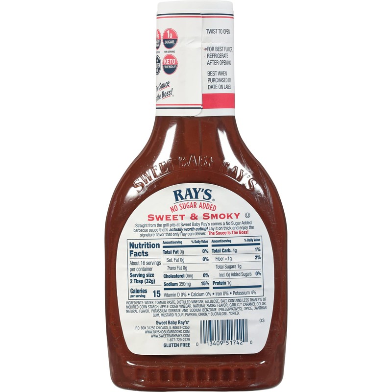 Ray's No Sugar Added Sweet & Smoky Barbecue Sauce, 18.5