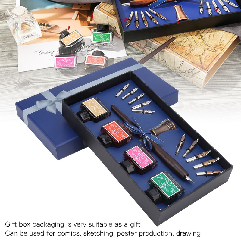 Dip Pen 4-Color Wood Pole Fountain Pen with Replaceable Nib