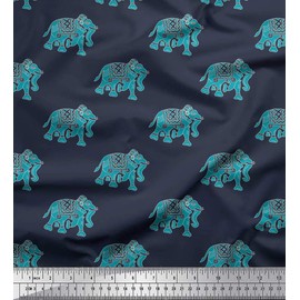 Soimoi Blue Rayon Fabric Elephant Animal Fabric Prints by Yard 42 Inch Wide