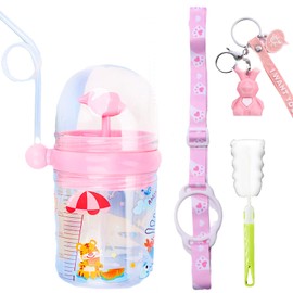 Whale Spray Water Bottle Sippy Cups Travel Cup with Straw Birthday Party Gift Pink Flamingo Drinking Cup (Pink Beach 3, 260 ml)