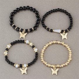 Fuqimanman2020 Boho 4pcs Butterfly Charm Gold Beaded Stackable Stretch Bracelet Set Crystal Butterfly Elastic Bracelets-Black