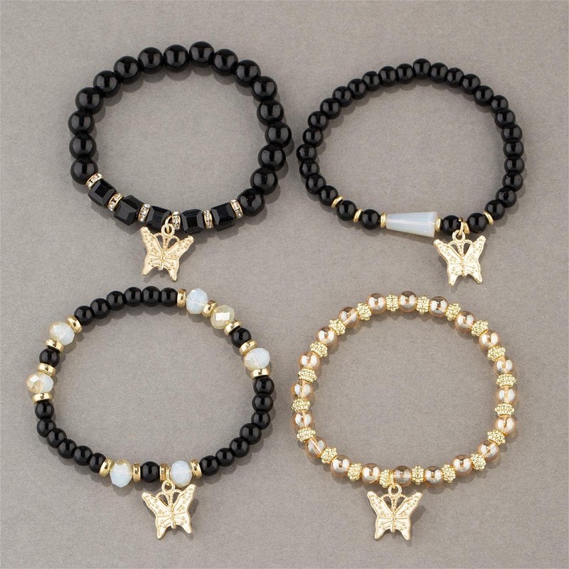 Fuqimanman2020 Boho 4pcs Butterfly Charm Gold Beaded Stackable Stretch Bracelet