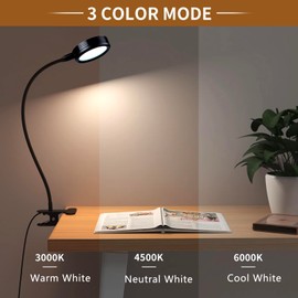 Desk Lamp, [3 Color Modes & 10 Level Brightness] LED Reading Light with Clamp, Flexible Gooseneck Book Light for Kids Reading in Bed at Night Clip on Table, Headboard, Dorm - 15.8‘’ (Black)