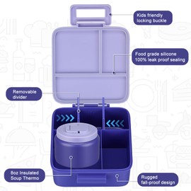 MAISON HUIS Kids Bento Lunch Box With 8oz Soup Thermo, Leakproof Lunch Containers with 5 Compartment, Thermo Insulated Hot Food Jar for School,Travel
