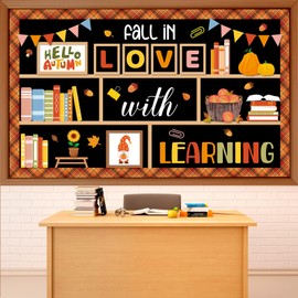 Bookshelf Bulletin Board Set Fall in Love with Learning Classroom Decoration Reading Library Inspirational Paper Cutouts for School Home Office Thanksgiving Harvest Chalkboard Wall Decor Supplies