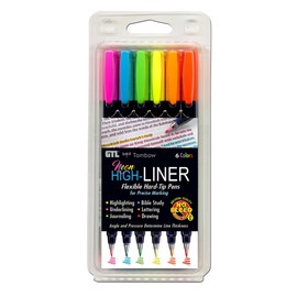 G.T. Luscombe Company, Inc. Tom Bow Bible Study High-Liner, Flexible Hard Tip, Brush Pens in Assorted Neon Pink, Blue, Green, Yellow, Orange, Red Colors for Underlining and Precise Marking
