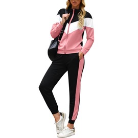 Marvmys Women 2 Pieces Outfits Tracksuits Set Long Sleeve Travel Sweatsuits Color Block Jogger Sets Pink M