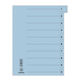 DONAU 8611001-10 Dividers Pack of 50 / Colour: Blue / Cardboard Index Extra Wide Made of Recycled Cardboard / for DIN A4 4-Hole Dividers Dividers Folder Index / Blue Angel / Made in EU