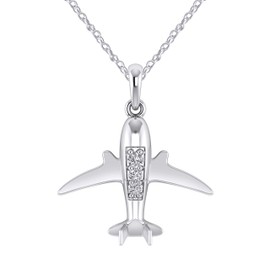 Pretty Jewels 0.11 Ct Natural Diamond 925 Sterling Silver Flying Airplane Pendant Necklace for Woman (I1-I2/G-H) (White-Gold-Plated-Silver)