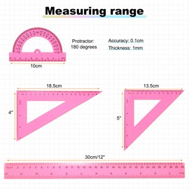 HARFINGTON 4pcs Triangular Ruler Set 30cm Plastic Metric Inch Geometric Protractor Triangle Engineering Scale Drafting Ruler Kit for Office Home, Red