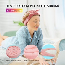 ロングヘアカール用ヒートレスヘアカーラー - 61インチ エクストラロング ヒートレス カーリングロッドヘッドバンド、ベロア ヒートカーリングリボンキット ソフトコットンカーリングリボンで一晩寝られます(ピンク)