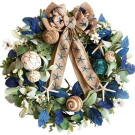 vivimemo Coastal Wreath for Front Door 22 Inch Wreath with Starfish, Shells & Burlap Bow, Blue Green Sea Themed Wreaths for Home Decor, Front Porch, Wall, Summer Beach House Decoration