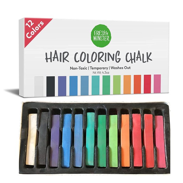 Fresh Monster Temporary Hair Coloring Chalk 12 Bright Colors Washes Out Easily Girls and Boys Non-Toxic and Safe for All Ages, Hair Colors and Textures Great Gift Idea