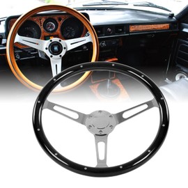 DAUERHAFT Retro Steering Wheel, 6 Hole 3 Spoke Riveted Wood Steering Wheel Universal 15in Diameter Walnut Grip for Nostalgia for Car Modification(Black)