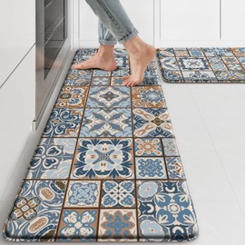 Kitchen Rugs Non Slip Washable Rubber Kitchen Mats for Floor Set of 2 Cushioned Anti Fatigue Padded Kitchen Floor Mats for Standing Long Under Sink Mats Waterproof for Kitchen Laundry Office Deep Sea