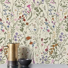 JiffDiff Papel Tapiz Autoadhesivo de Flores Vintage Coloridas en Flor, Papel de Pared para Recámara, Sala de Estar, Gabinete, Despegar y Pegar, Papel Tapiz Mural de Flores Pequeñas Beige Bosquejadas