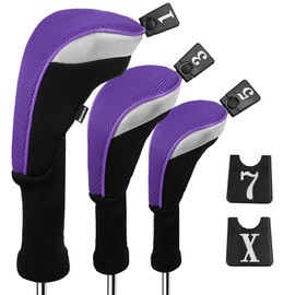 Andux 3pcs/Set Golf 460cc Driver Wood Club Head Covers Long Neck with Interchangeable No. Tags Purple