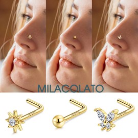 MILACOLATO 925 Sterling Silver Nose Stud for Women Men Stainless Steel L Shaped Nose Stud Gold-Sun