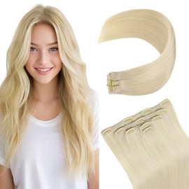 MEI YUAN LIN Clip in Hair Extensions Real Human Hair Platinum Blonde 14 Inch 80g Natural Straight Remy Human Hair 5pcs Per Set with 10 Clips (#60 14")