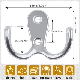 hzfengsheng Dual Coat Door Hooks, Double Prong Wall Mounted Hooks with 12 PCS Screws Chrome Hanger for Hanging, Robe, Towel, Coat, Bag & Hat (Silver, 6PCS)