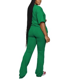 PINSV Womens Sets 2 Piece Outfits Casual Short Sleeve Top and Flare Pants Lounge Sets Tracksuit Green XL