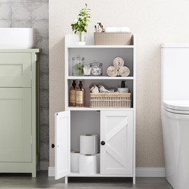 Homhedy Small Bathroom Cabinet, Toilet Paper Storage with 2 Barn Doors and Shelves, Farmhouse Freestanding Storage Cabinet for Bathroom, Laundry Room, 7.9" D x 14.6" W x 31" H, White
