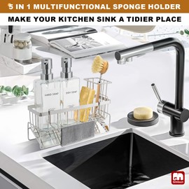 GMISUN Kitchen Soap Dispenser, 12 Fl oz/350ml Clear Dish Soap Dispenser with Silver Sponge Holder, Customized Glass Dish Soap Dispensers for Kitchen, Modern Hand and Dish Soap Dispensers Set Removable