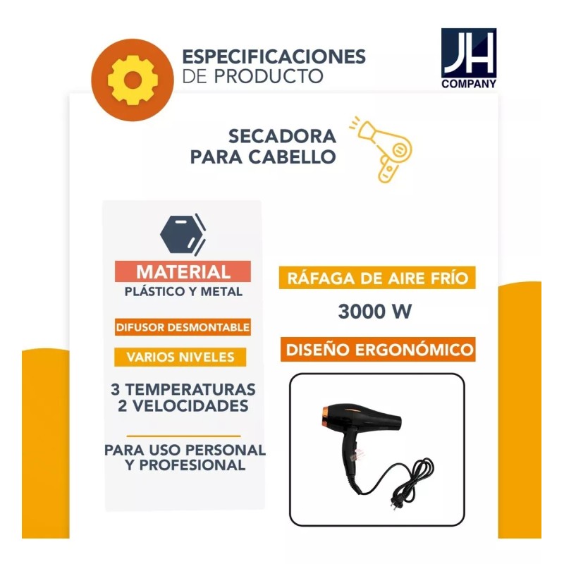 J.H. Company Secadora De Cabello Professional Surker 3000w 3 Temp