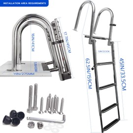 Mojiate 4-Step Stainless Steel Telescoping Dock Ladder for Pontoon Boats - Heavy Duty 600lbs Capacity, Foldable Rear Entry Swim Ladder with Wide Anti-Slip Pedals & Handrails