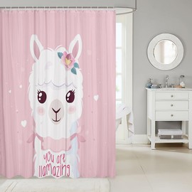 Feelyou Cute Llama Shower Curtain Girls Pink Llama Alpaca Bath Curtain Cute Polka Dots Bathroom Shower Curtain Set for Stalls Bathtubs Cloth Fabric Bathroom Decor 72x72 Inches