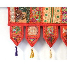 Indian Handmade Traditional Embroidered Toran Cotton Thoranam Door Living Room Decor Bandanwar Home Valance Decorations Window Hanging Bohemian Wall Ethnic Decorative Vintage (Orange 1 Meter)