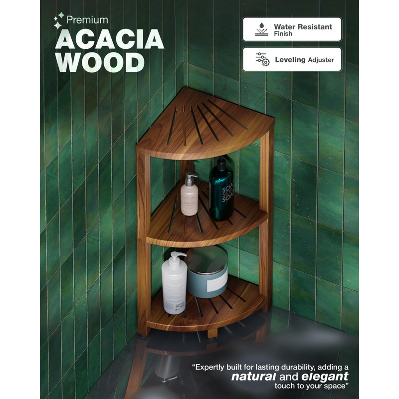 BLUEWEST 3-Tier Corner Shower Caddy Stand, Wood Shower Organizer Standing