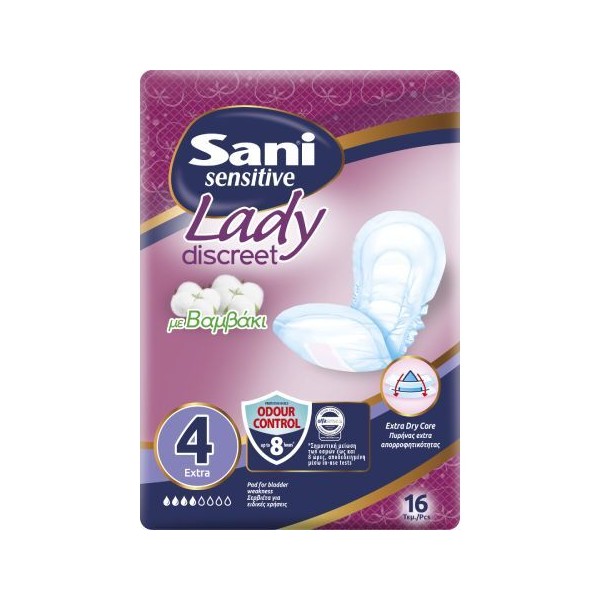 Sani Sensitive Lady Discreet Extra No4 Pads with Cotton, 16pcs