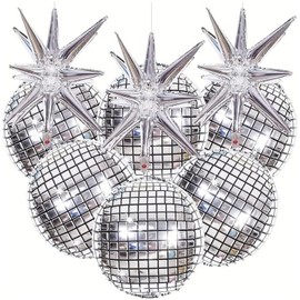 Disco Ball Balloons 9-Pack 4D Silver Disco Ball Party Balloons with 3 Silver Starburst Decorations and 6 Large 22-Inch, Durable and Reusable for Birthday, Wedding, Dance Party