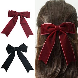 LZZEM 2Pcs Bow Hair Clip for Girls Velvet Hair Bow with Long Ribbon Large Satin Ribbon Bow Hairpins Bows Hair Barrettes for Girls Women