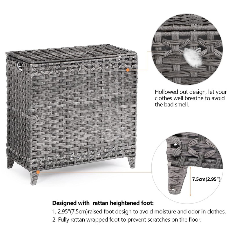 Laundry Hamper with 3 Removable Liner Bags; 132L Handwoven Rattan